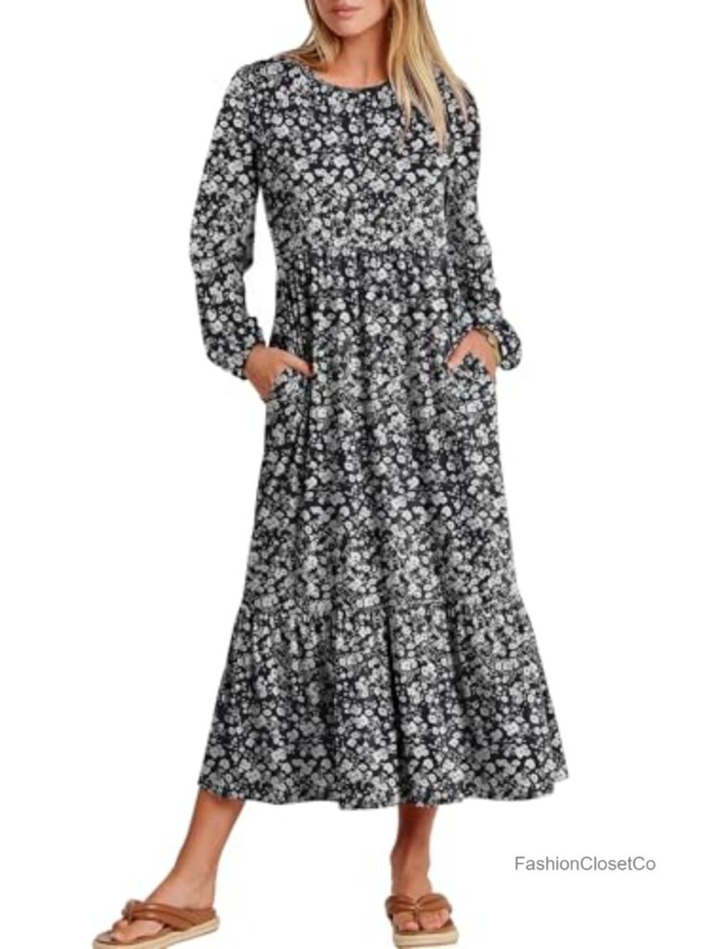 Women's Flowy Tiered Midi Dress Long Sleeve Crew Neck Pockets Casual